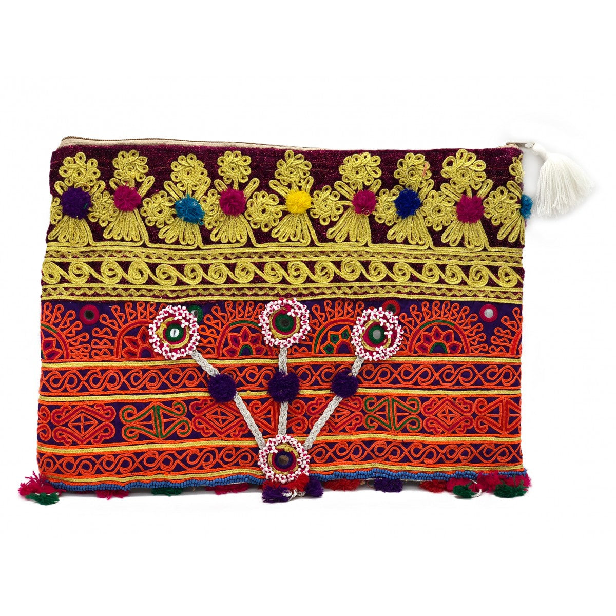 Tribal Clutch With Pompoms, Mirrored Details And White Tassel