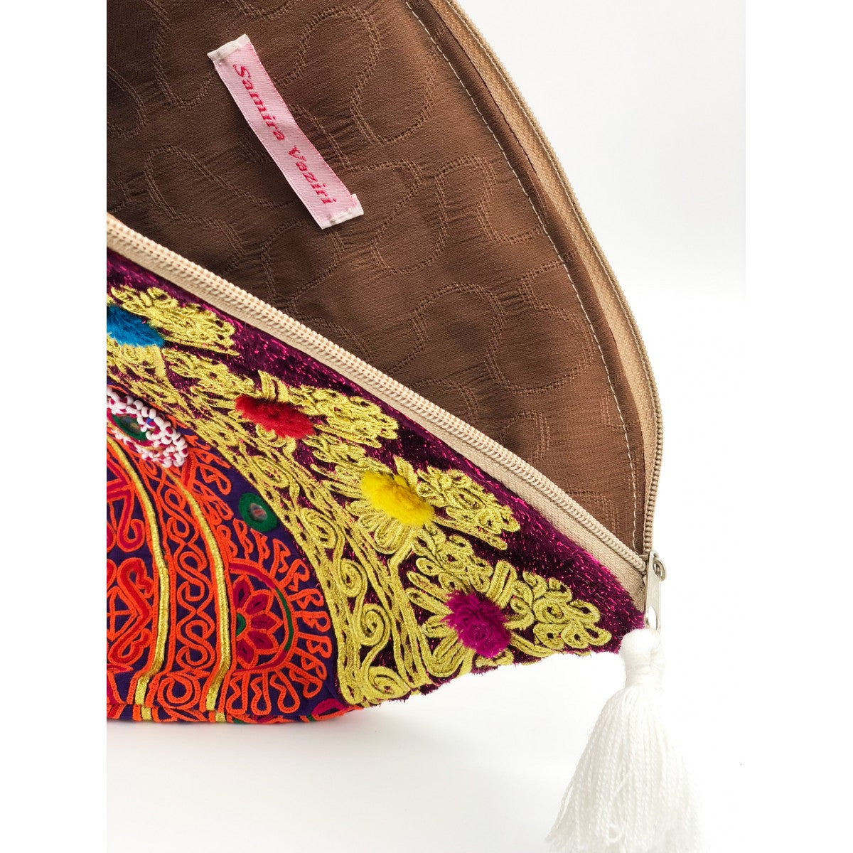 Tribal Clutch With Pompoms, Mirrored Details And White Tassel