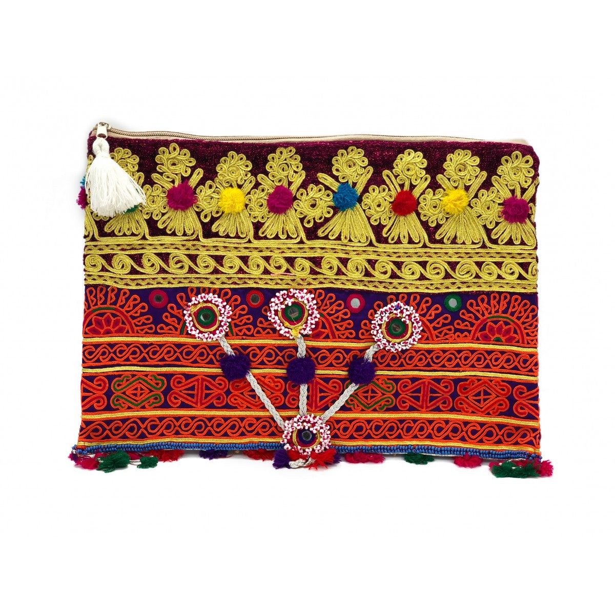 Tribal Clutch With Pompoms, Mirrored Details And White Tassel