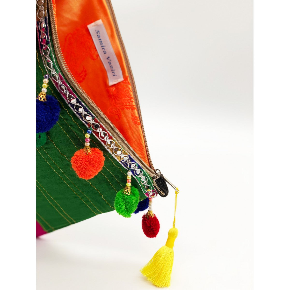 Green And Pink Tribal Clutch With Pompoms And Yellow Tassel