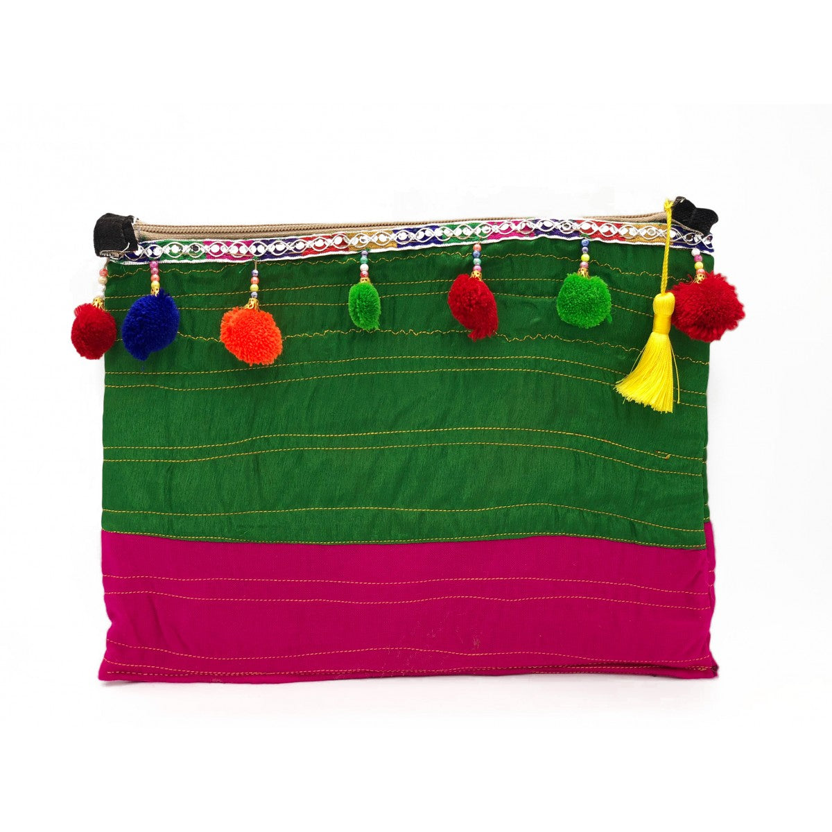 Green And Pink Tribal Clutch With Pompoms And Yellow Tassel