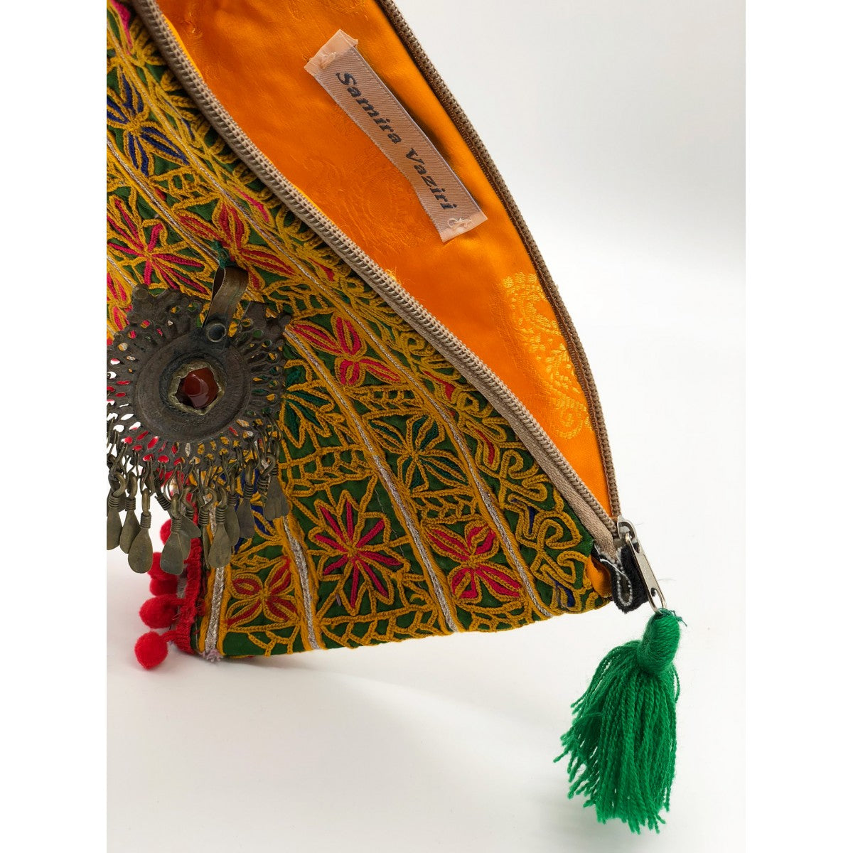 Yellow Tribal Clutch With Ornament And Green Tassel