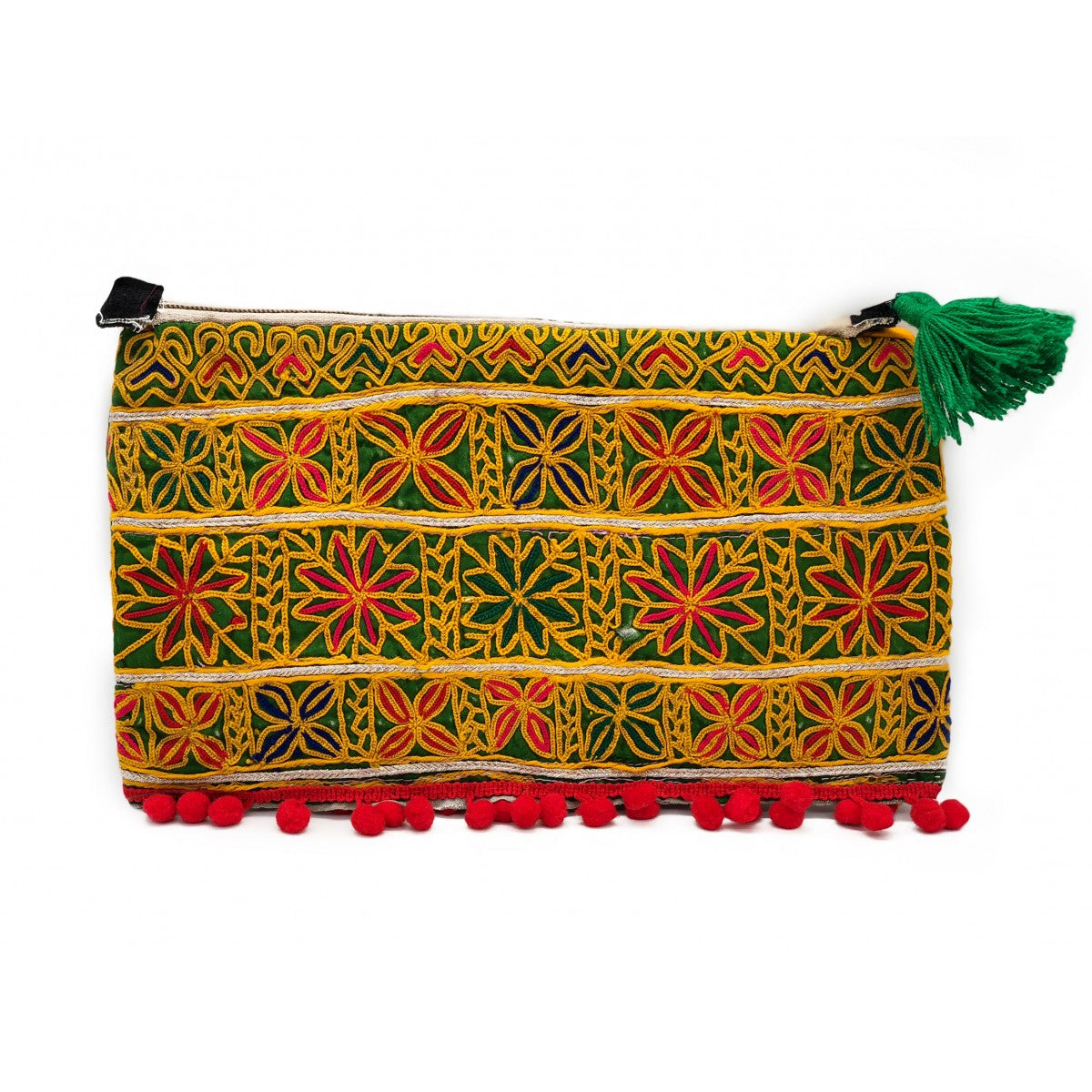 Yellow Tribal Clutch With Ornament And Green Tassel