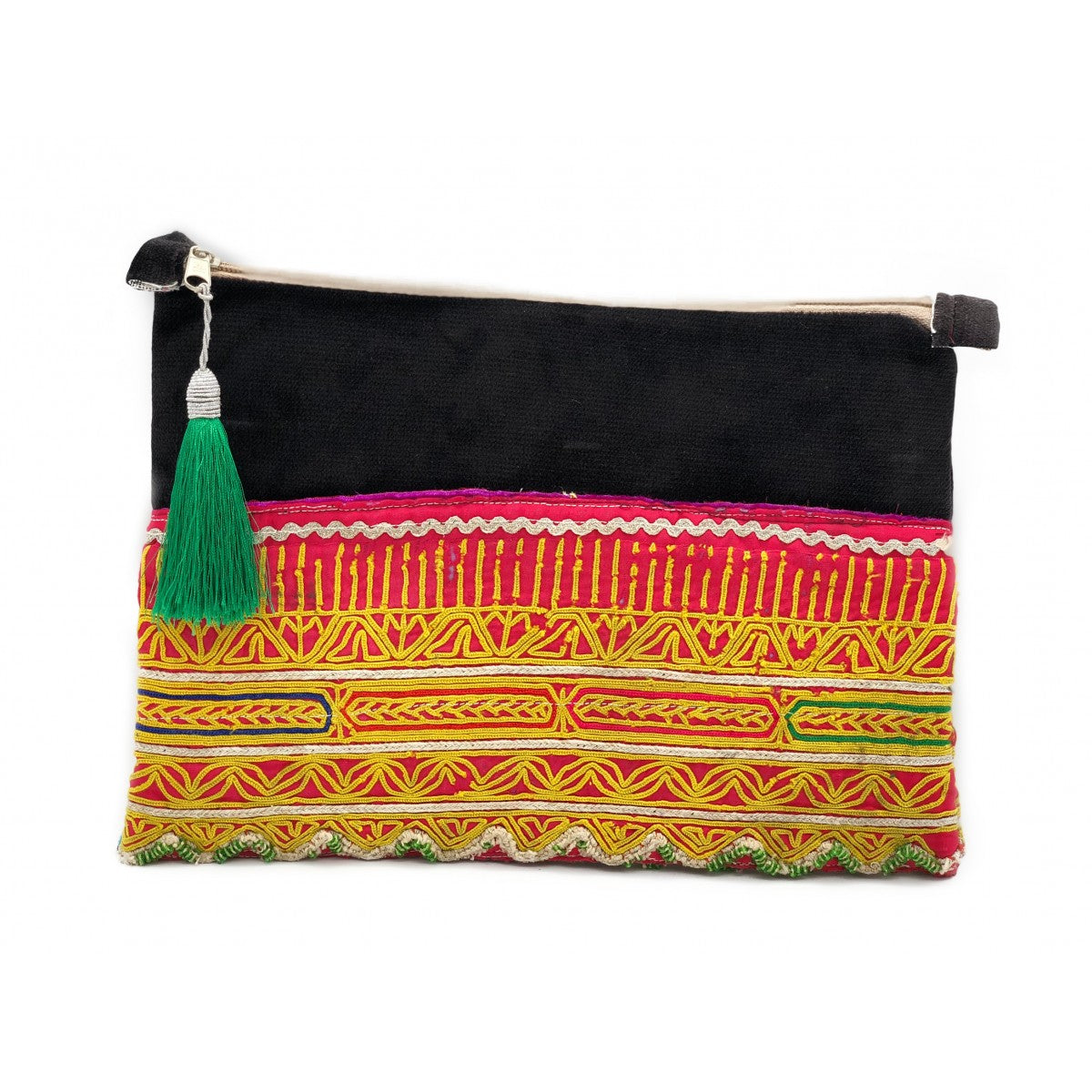 Black Tribal Clutch With Ornament And Green Tassel