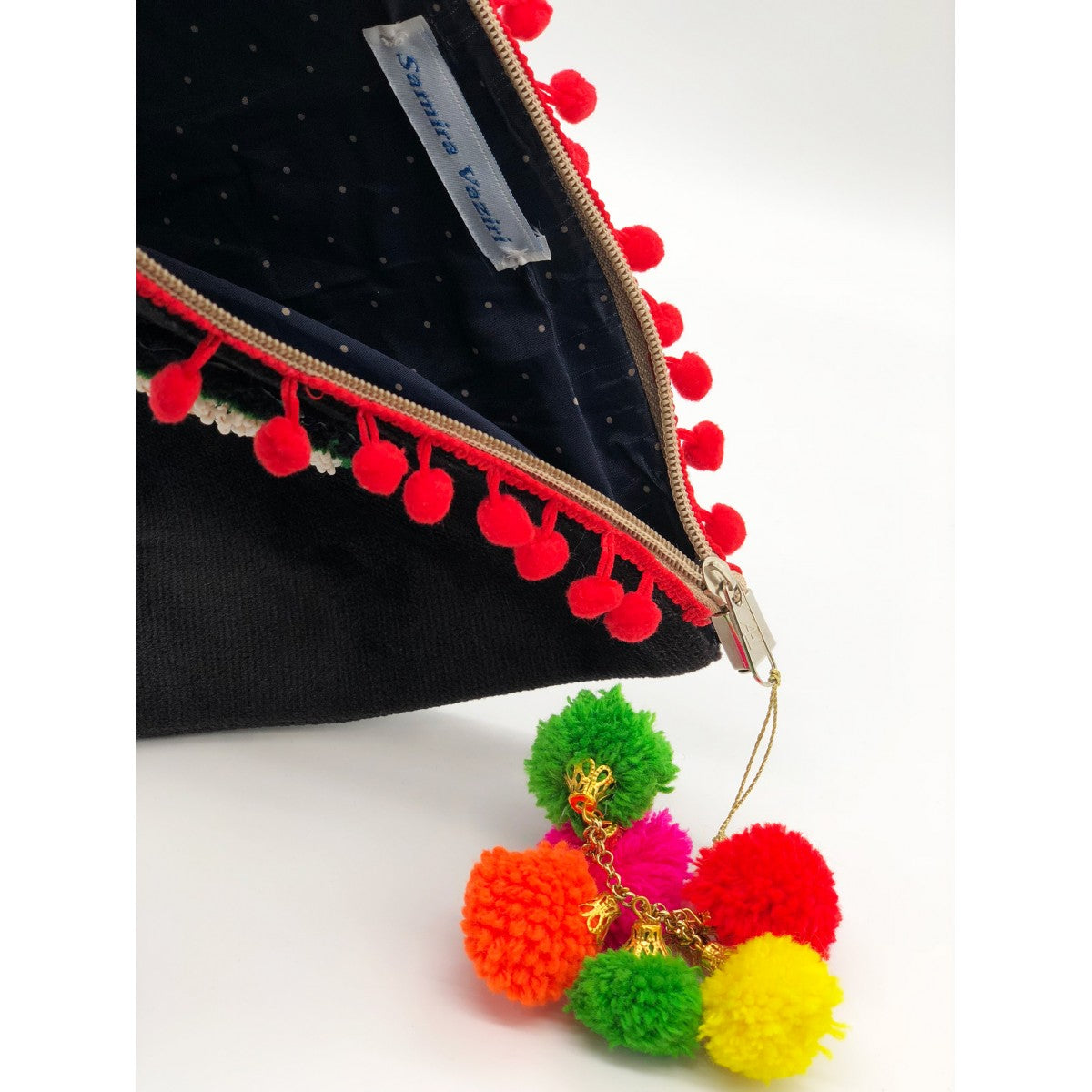 Black Tribal Clutch With Mirrored Details And Pompoms