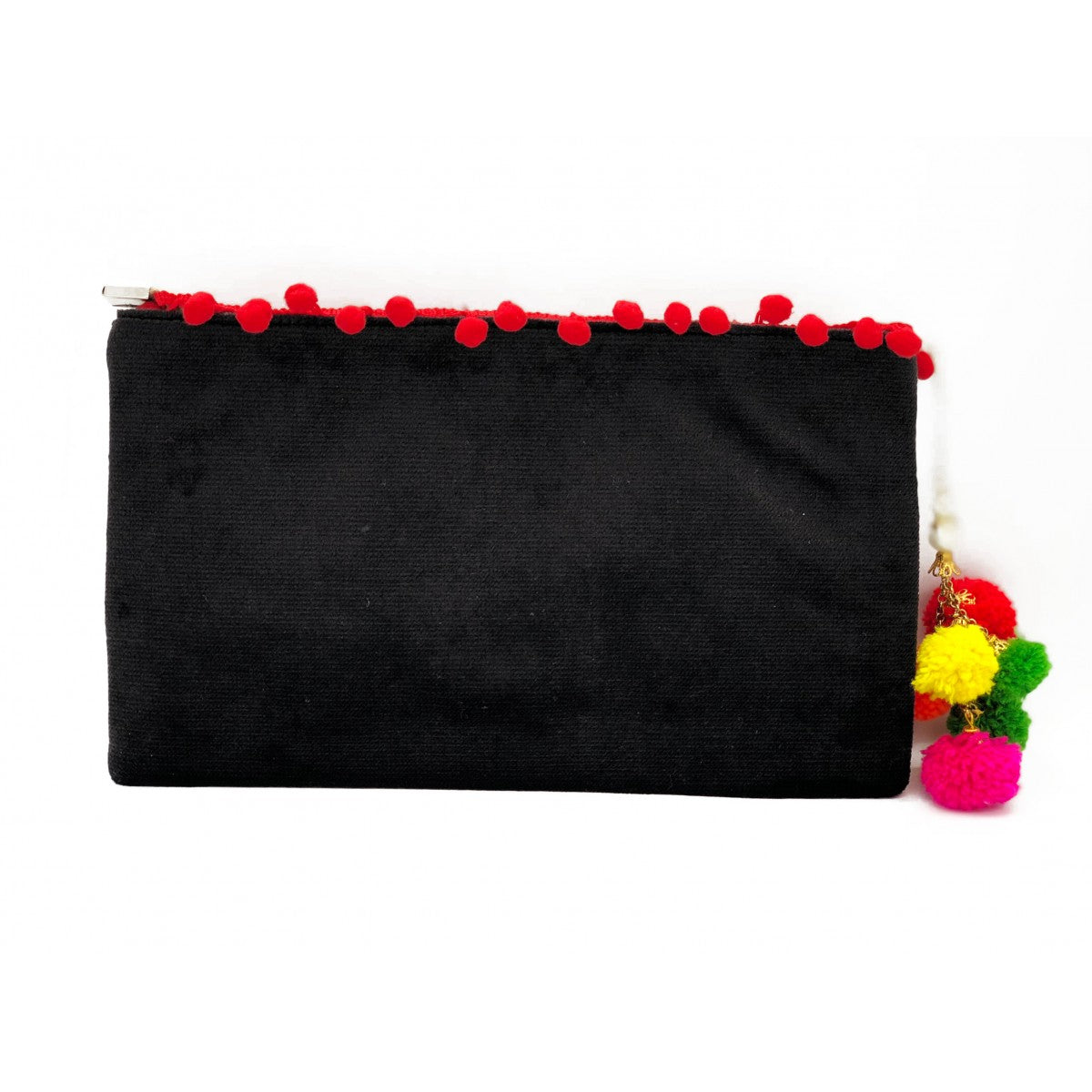 Black Tribal Clutch With Mirrored Details And Pompoms