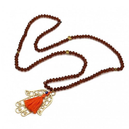 Shiny Brown Necklace With Gold Hand Motif