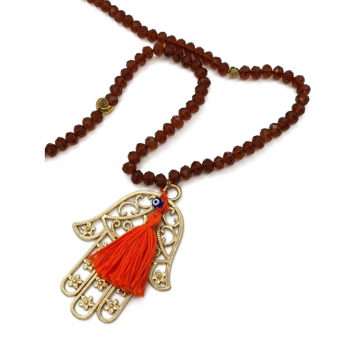 Shiny Brown Necklace With Gold Hand Motif