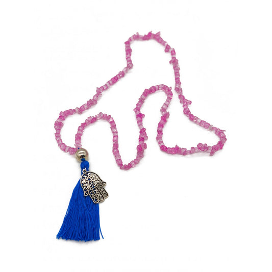 Shiny Pink Necklace With Blue Tassel