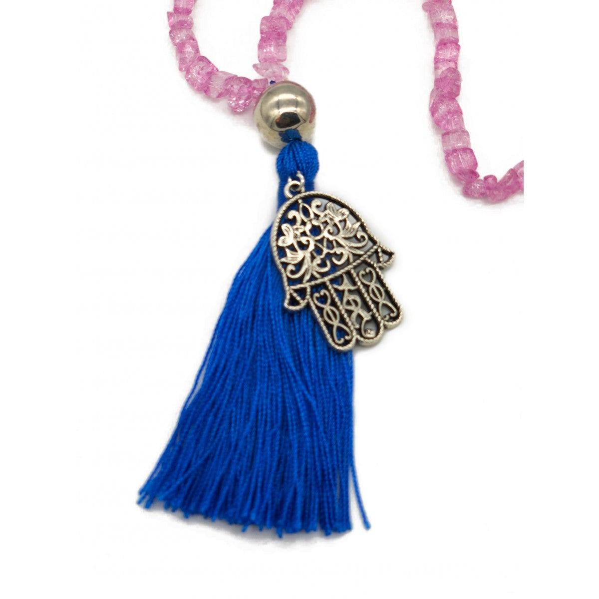 Shiny Pink Necklace With Blue Tassel