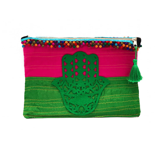 Green And Pink Tribal Clutch With Green Tassel