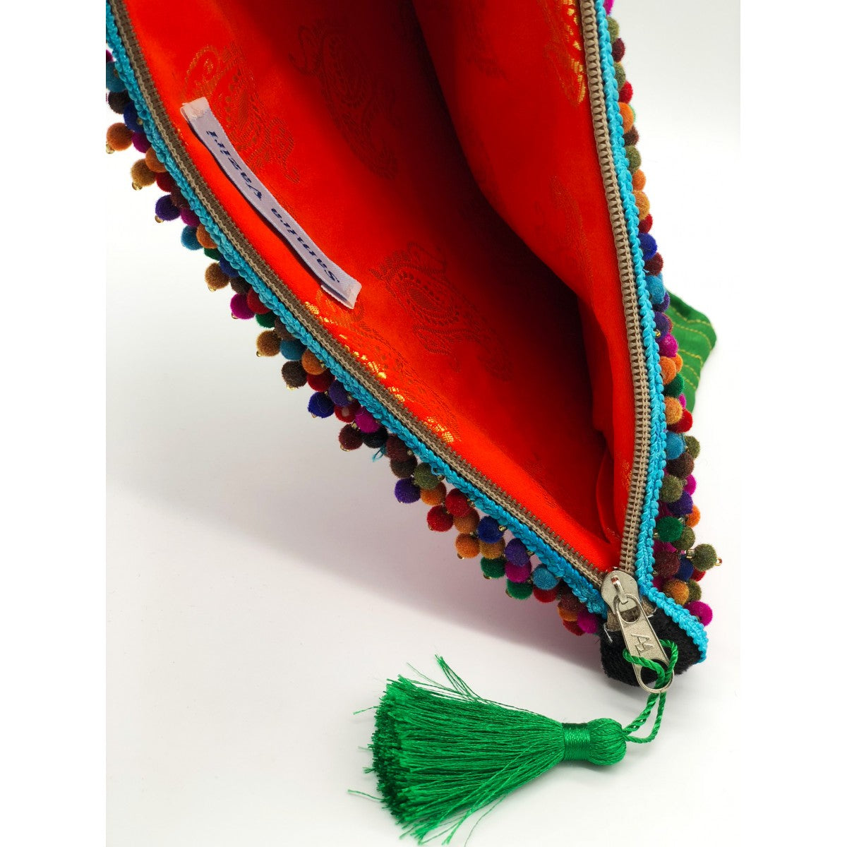 Green And Pink Tribal Clutch With Green Tassel