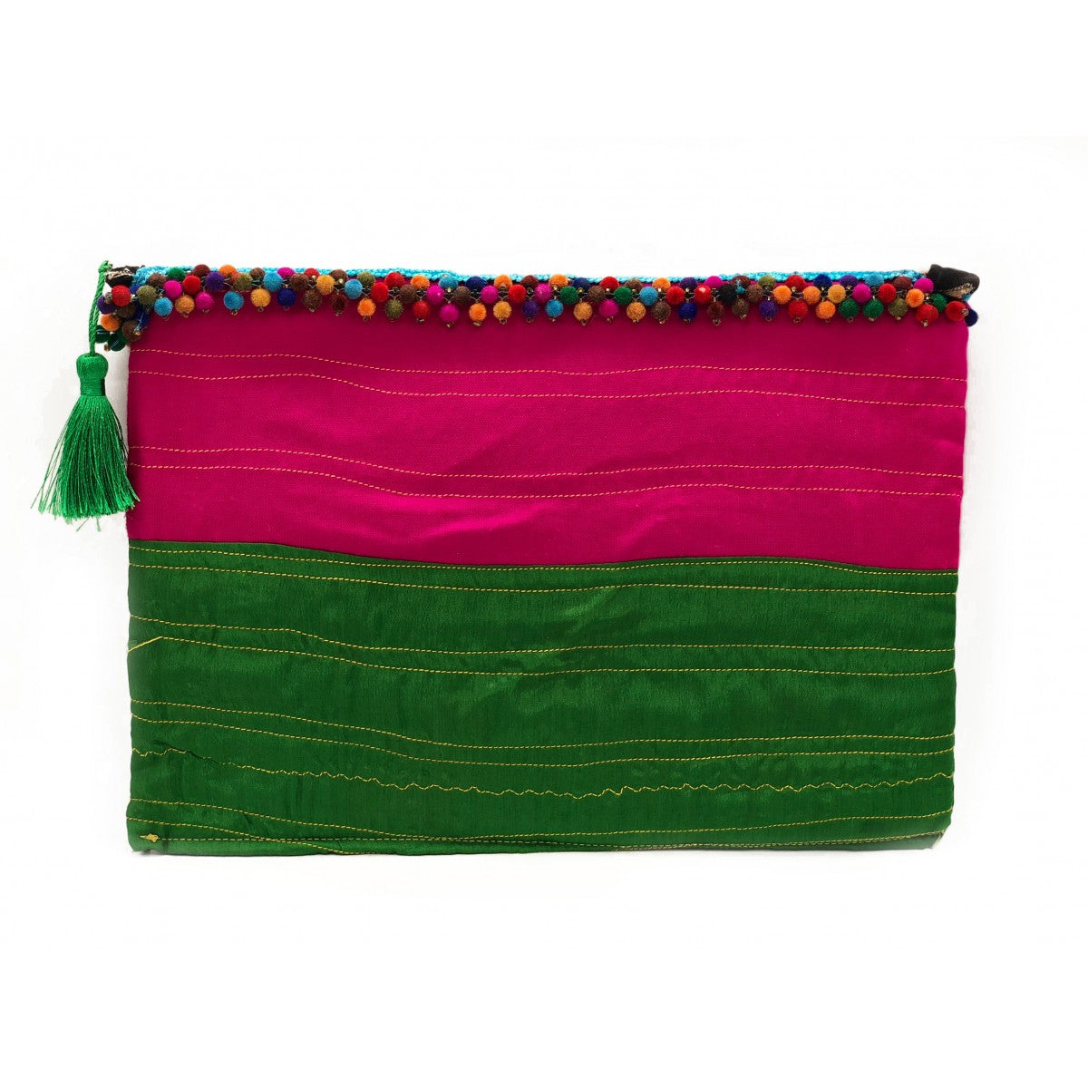 Green And Pink Tribal Clutch With Green Tassel