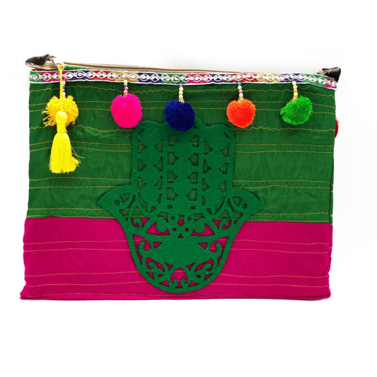 Green And Pink Tribal Clutch With Pompoms And Yellow Tassel