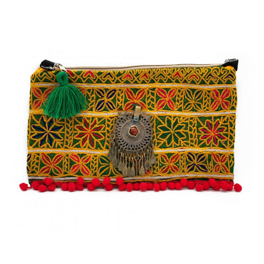 Yellow Tribal Clutch With Ornament And Green Tassel
