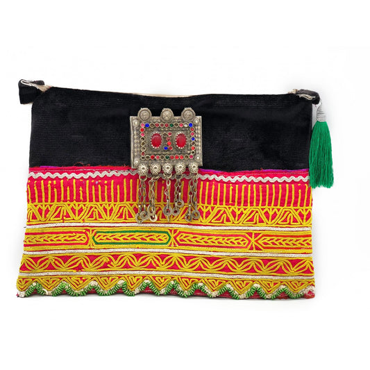 Black Tribal Clutch With Ornament And Green Tassel