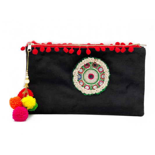 Black Tribal Clutch With Mirrored Details And Pompoms