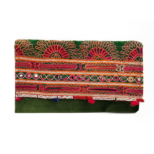 Tribal Clutch With Green Fold Over With Pink Lining